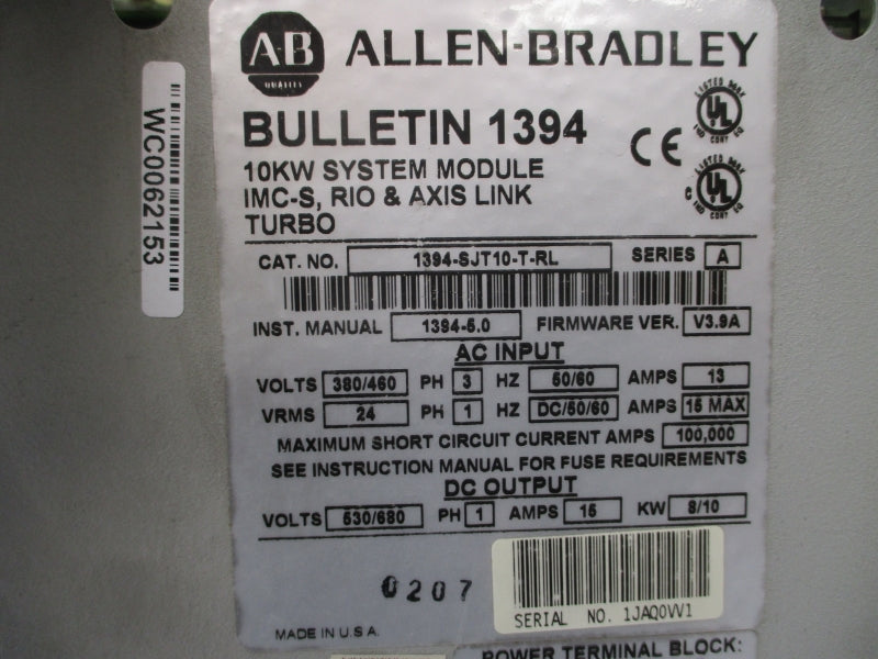 ALLEN BRADLEY 1394-SJT10-T-RL SER. A F/W V3.9A 380/460VAC 13A (AS PICTURED) UNMP
