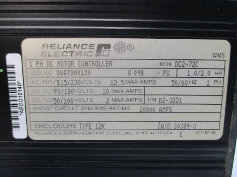 RELIANCE ELECTRIC DC2-72C 115/230VAC 12.5A UNMP