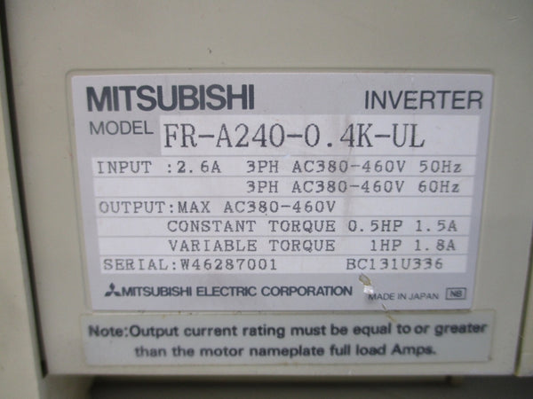 MITSUBISHI FR-A240-0.4K-UL 380-460VAC 2.6A UNMP