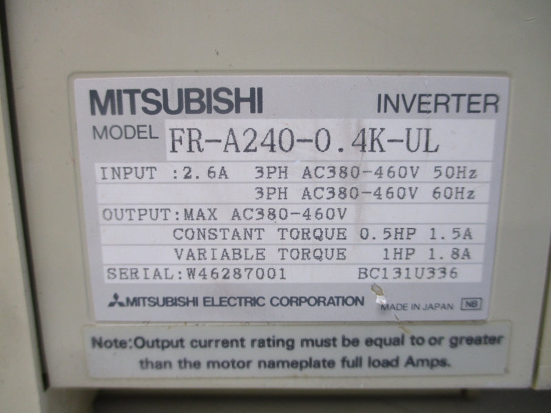 MITSUBISHI FR-A240-0.4K-UL 380-460VAC 2.6A UNMP