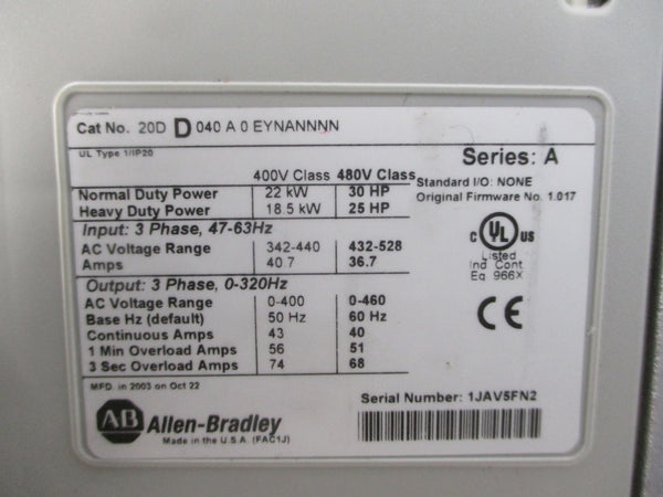 ALLEN BRADLEY 20DD040A0EYNANNNN SER. A F/W 1.017 432-528VAC 40A UNMP