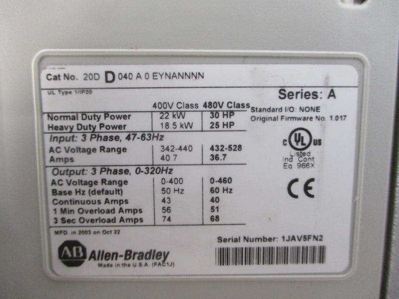 ALLEN BRADLEY 20DD040A0EYNANNNN SER. A F/W 1.017 432-528VAC 40A UNMP
