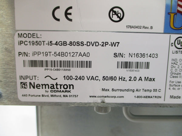 NEMATRON IPC1950T-I54GB-80SS-DVD-2P-W7 IPP19T-54B0127AA0 100-240VAC 2.0A NSNP