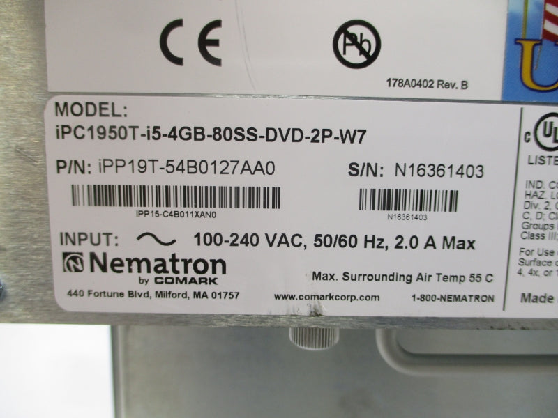 NEMATRON IPC1950T-I54GB-80SS-DVD-2P-W7 IPP19T-54B0127AA0 100-240VAC 2.0A NSNP