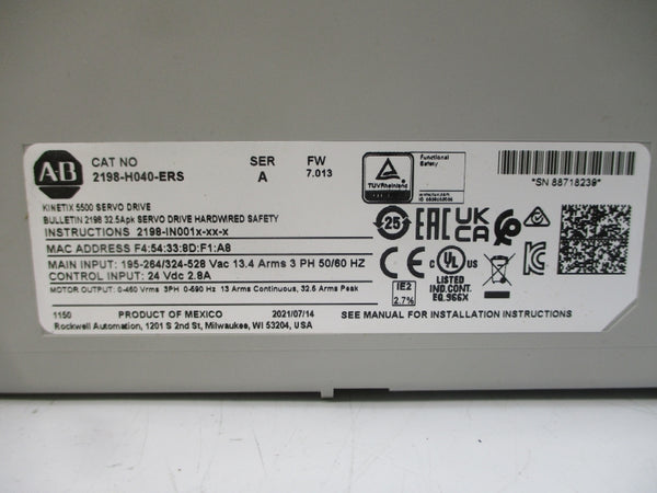 ALLEN BRADLEY 2198-H040-ERS SER. A F/W 7.013 195-264/324-528VAC 13.4A NSMP
