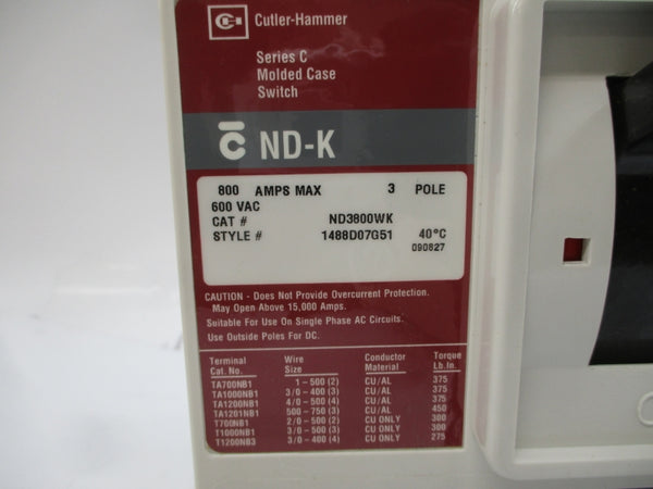 CUTLER HAMMER ND3800WK 1488D07G51 SER. C 600VAC 800A NSMP