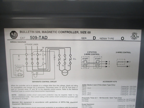 ALLEN BRADLEY 509-TAD SER. D 110/120V 25A NSNP