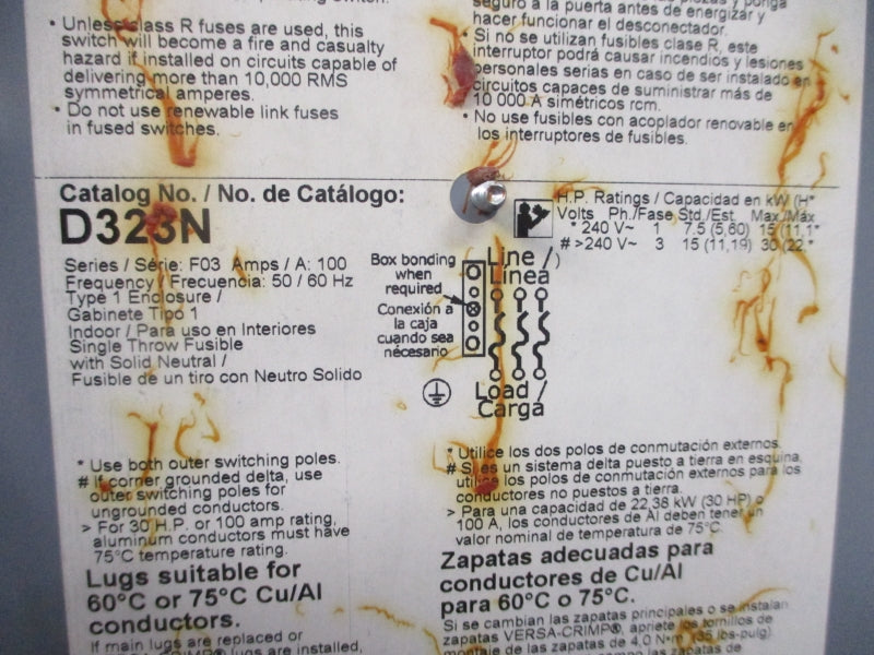SQUARE D D323N SER. F03 240VAC 100A UNMP