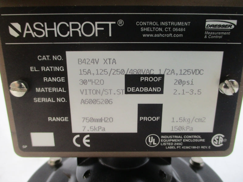 ASHCROFT B424VXTA 480VAC 15A 20PSI 30"H2O NSMP