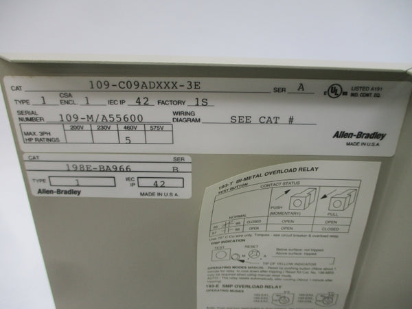 ALLEN BRADLEY 109-C09ADXXX-3E SER. A 460V NSNP