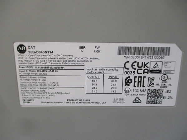 ALLEN BRADLEY 25B-D043N114 SER. A F/W 7.001 380-480VAC 37.0A NSMP
