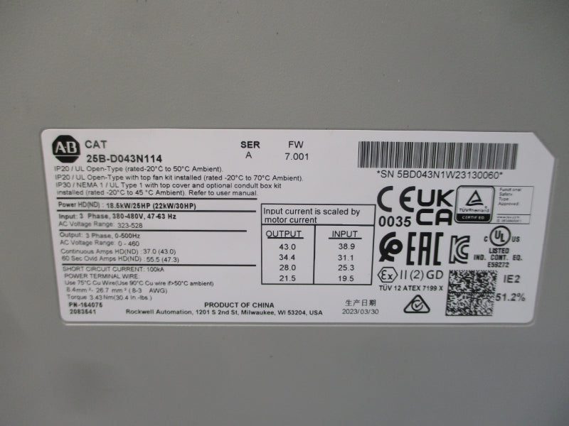 ALLEN BRADLEY 25B-D043N114 SER. A F/W 7.001 380-480VAC 37.0A NSMP