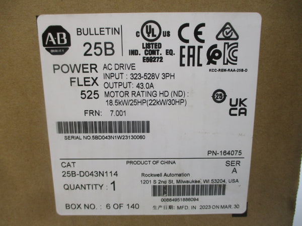 ALLEN BRADLEY 25B-D043N114 SER. A F/W 7.001 380-480VAC 37.0A NSMP