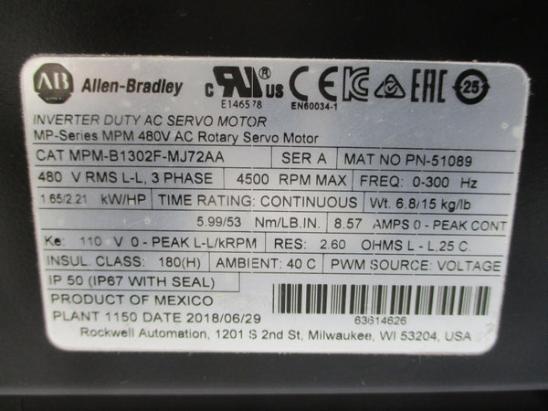 ALLEN BRADLEY MPM-B1302F-MJ72AA SER. A 480VAC 8.57A NSMP
