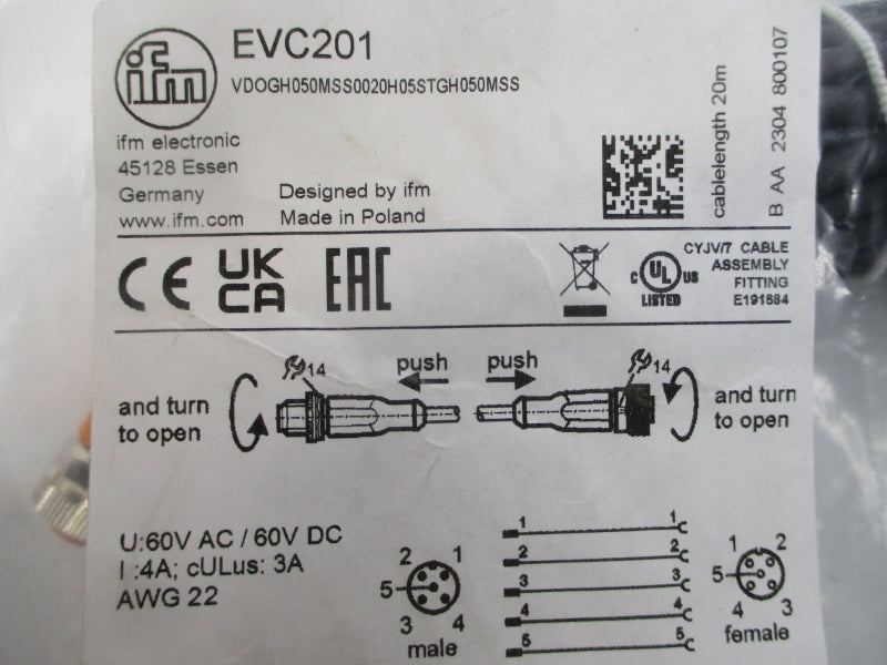 IFM EFECTOR EVC201 VDOGH050MSS0020H05STGH050MSS 60VAC/DC 4A NSMP
