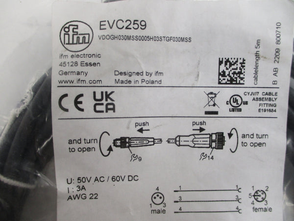 IFM EFECTOR EVC259 VDOGH030MSS0005H03STGF030MSS 50VAC 3A NSMP
