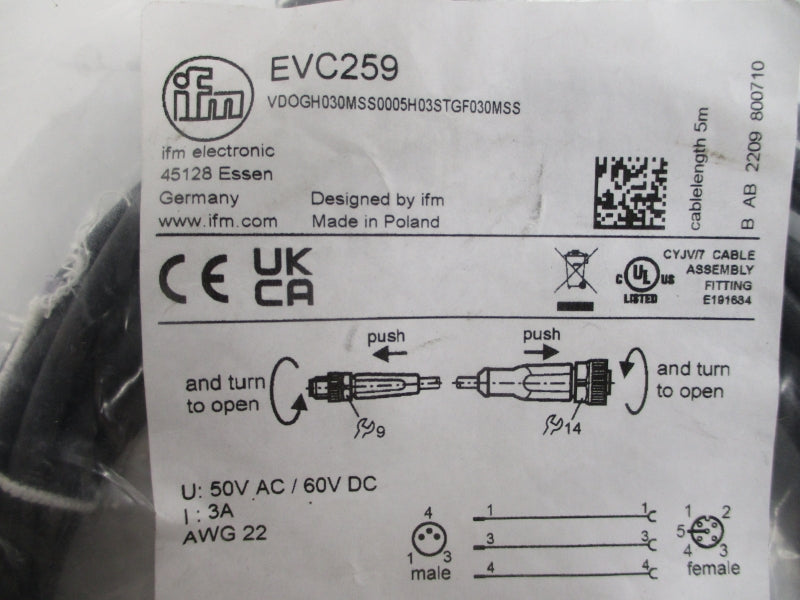 IFM EFECTOR EVC259 VDOGH030MSS0005H03STGF030MSS 50VAC 3A NSMP