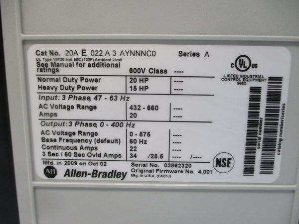 ALLEN BRADLEY 20AE022A3AYNNNC0 SER. A F/W 4.001 432-660VAC 20A NSNP
