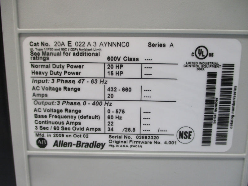 ALLEN BRADLEY 20AE022A3AYNNNC0 SER. A F/W 4.001 432-660VAC 20A NSNP