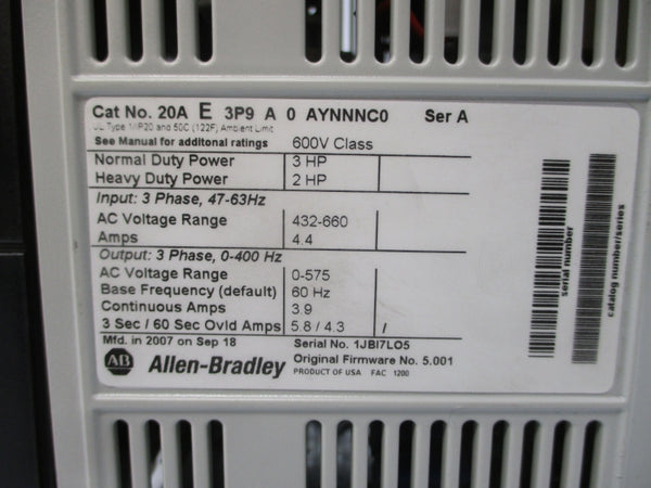 ALLEN BRADLEY 20AE3P9A0AYNNNC0 SER. A F/W 5.001 432-660VAC 4.4A NSNP