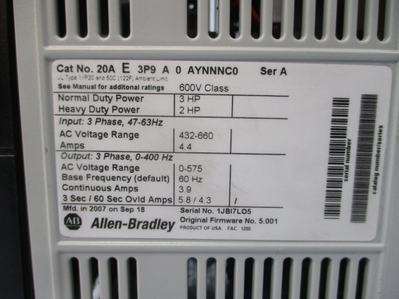 ALLEN BRADLEY 20AE3P9A0AYNNNC0 SER. A F/W 5.001 432-660VAC 4.4A NSNP