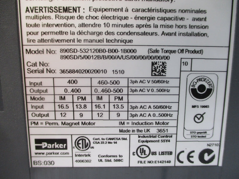 PARKER 890SD-532120B0-B00-1B000 400/460-500VAC 16.5A UNMP