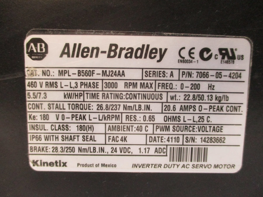ALLEN BRADLEY MPL-B560F-MJ24AA SER. A 460VAC 20.6A NSNP