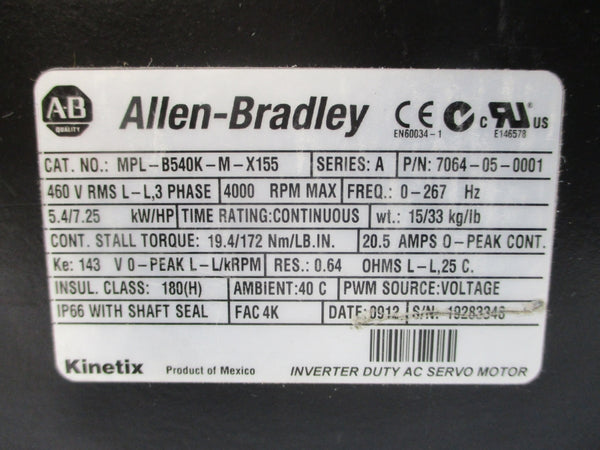 ALLEN BRADLEY MPL-B540K-M-X155 SER. A 460VAC 20.5A NSNP