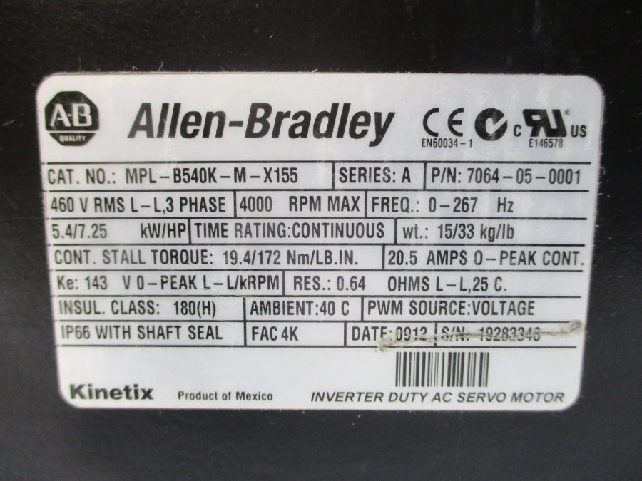 ALLEN BRADLEY MPL-B540K-M-X155 SER. A 460VAC 20.5A NSNP