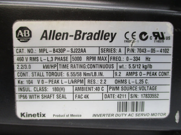 ALLEN BRADLEY MPL-B430P-SJ22AA SER. A 460VAC 9.2A NSNP