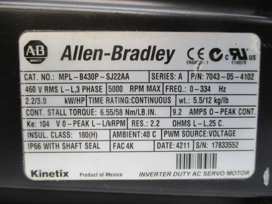 ALLEN BRADLEY MPL-B430P-SJ22AA SER. A 460VAC 9.2A NSNP