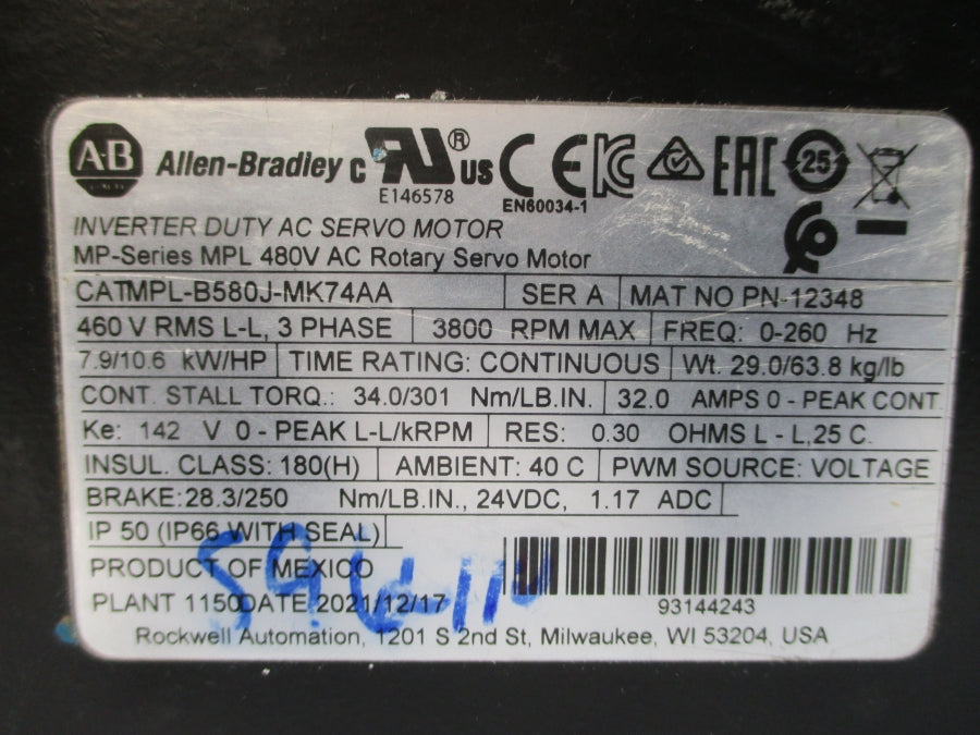 ALLEN BRADLEY MPL-B580J-MK74AA SER. A 460VAC 32.0A NSNP