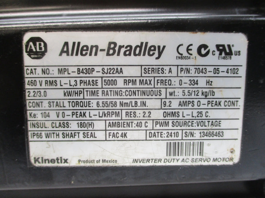 ALLEN BRADLEY MPL-B430P-SJ22AA SER. A 460VAC 9.2A UNMP
