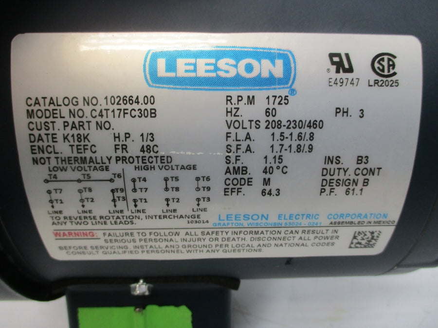 LEESON 102664.00 C4T17FC30B 208-230/460V 1.5-1.6/.8A NSNP