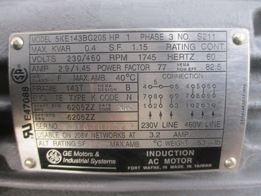 GENERAL ELECTRIC 5KE143BC205 230/460V 2.9/1.45A NSNP