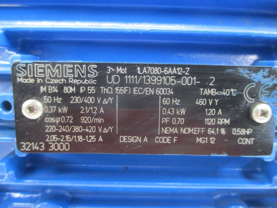 SIEMENS 1LA7080-6AA12-Z 2LM8010-3NA80 230/400-460V 2.1/1.2-1.20A NSNP