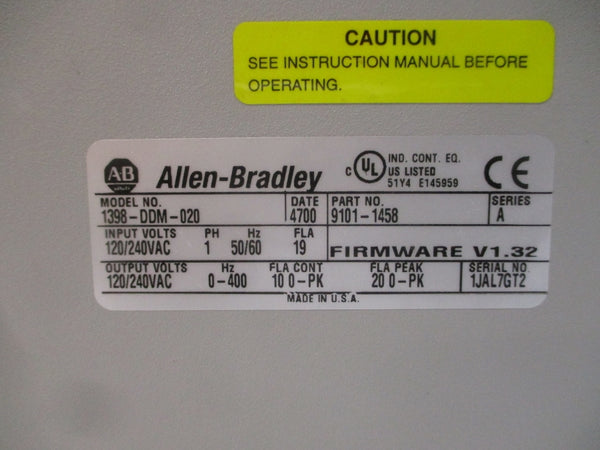 ALLEN BRADLEY 1398-DDM-020 SER. A F/W V1.32 120/240VAC 19A NSMP