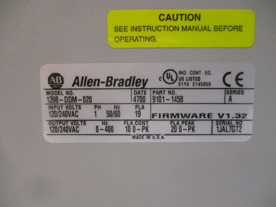 ALLEN BRADLEY 1398-DDM-020 SER. A F/W V1.32 120/240VAC 19A NSMP