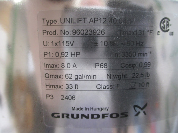 GRUNDFOS AP12.40.04.1 96023926 115V 8.0A NSMP