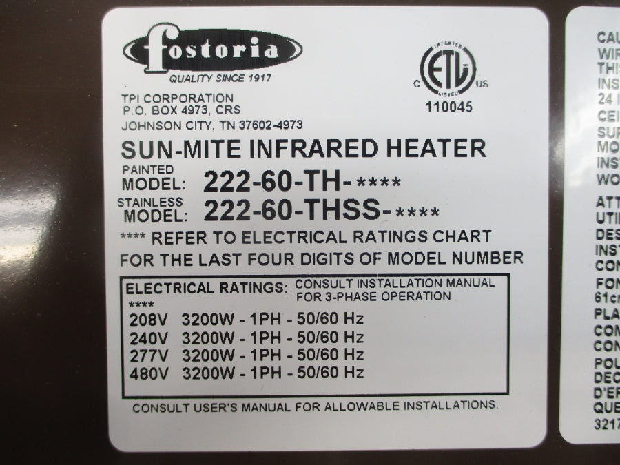 FOSTORIA 222-60-TH (NO BULB) NSNP
