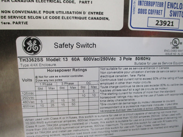 GENERAL ELECTRIC TH3362SS 600VAC 60A NSMP