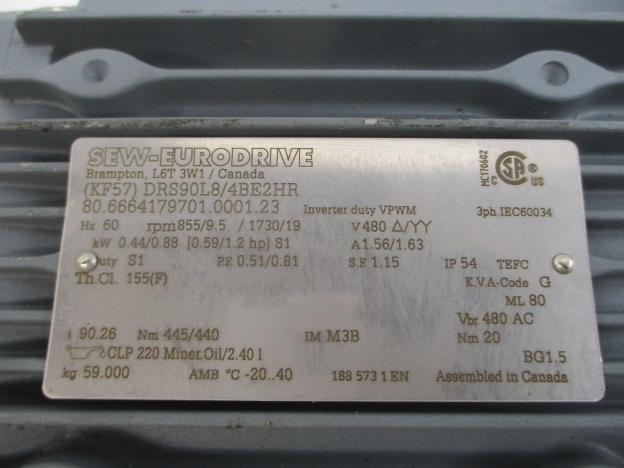 SEW-EURODRIVE (KF57)DRS90L8/4BE2HR 480V 1.56/1.63A NSNP