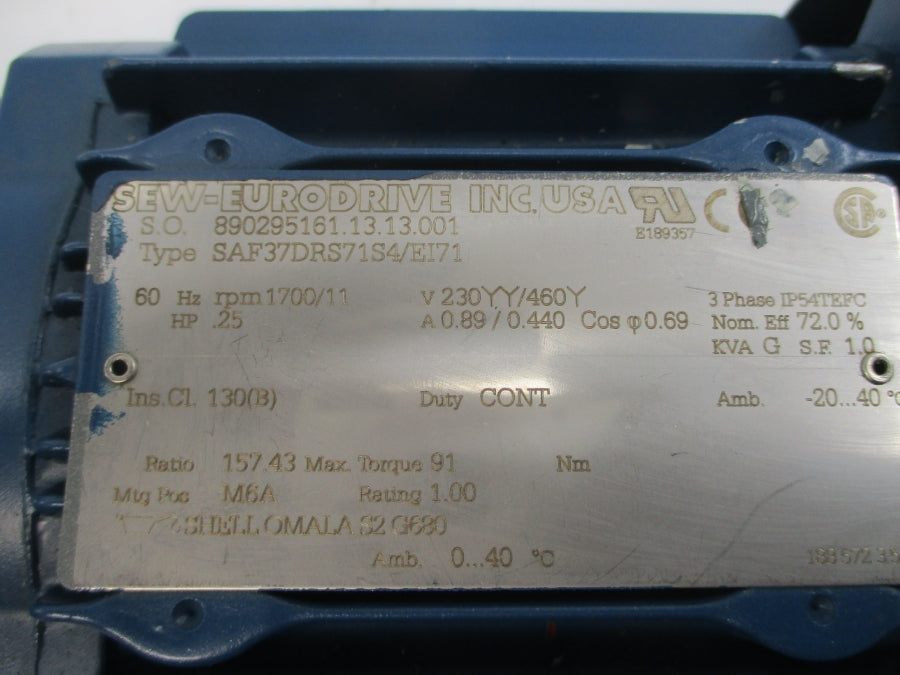 SEW-EURODRIVE SAF37DRS71S4/EI71 230/460V 0.89/0.440A NSNP
