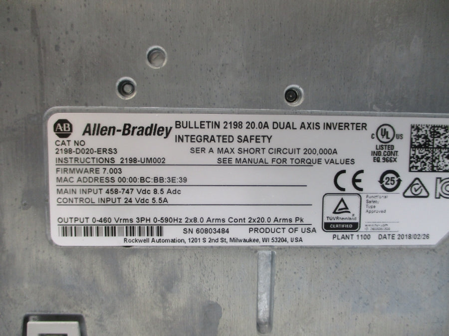 ALLEN BRADLEY 2198-D020-ERS3 SER. A F/W 7.003 458-747VDC 20.0A NSMP