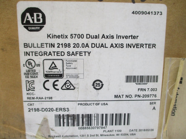 ALLEN BRADLEY 2198-D020-ERS3 SER. A F/W 7.003 458-747VDC 20.0A NSMP