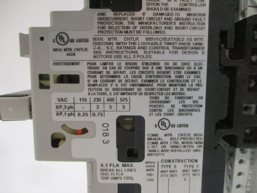 ALLEN BRADLEY 140M-C2E-B63-KN-MT SER. C 480V 4.0-6.3A (BR/WH) NSMP