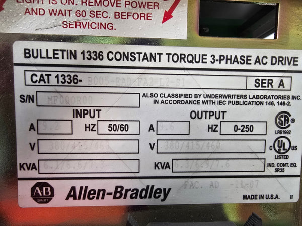 ALLEN BRADLEY 1336-B005-EAD-FA2-L2-S1 SER. A 460VAC 9.2A UNMP