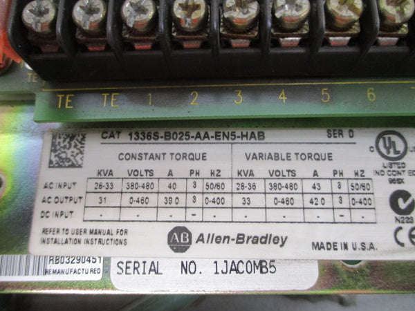 ALLEN BRADLEY 1336S-B025-AA-EN5-HAB SER. D 380-480VAC 39.0A UNMP