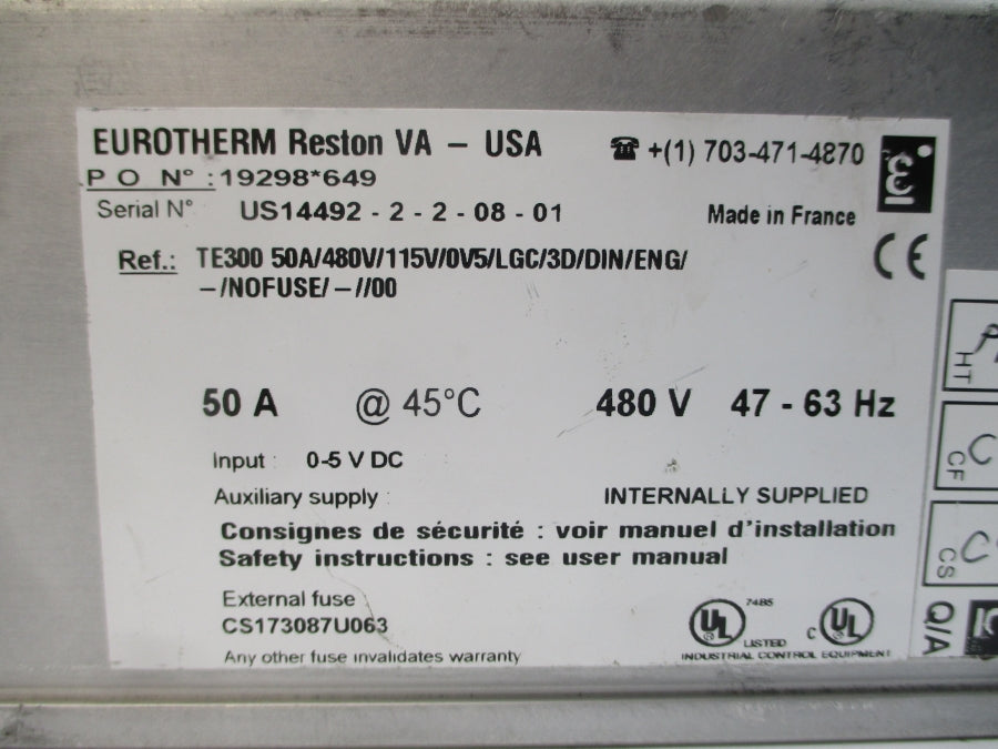 EUROTHERM TE30050A/480V/115V/0V5/LGC/3D/DIN/ENG/-/NOFUSE/-//00 UNMP