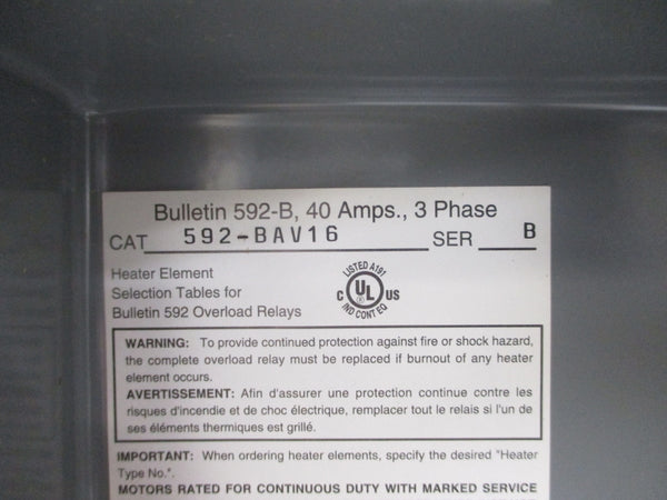 ALLEN BRADLEY 592-BAV16 SER. B 40A (BR/WH) NSMP
